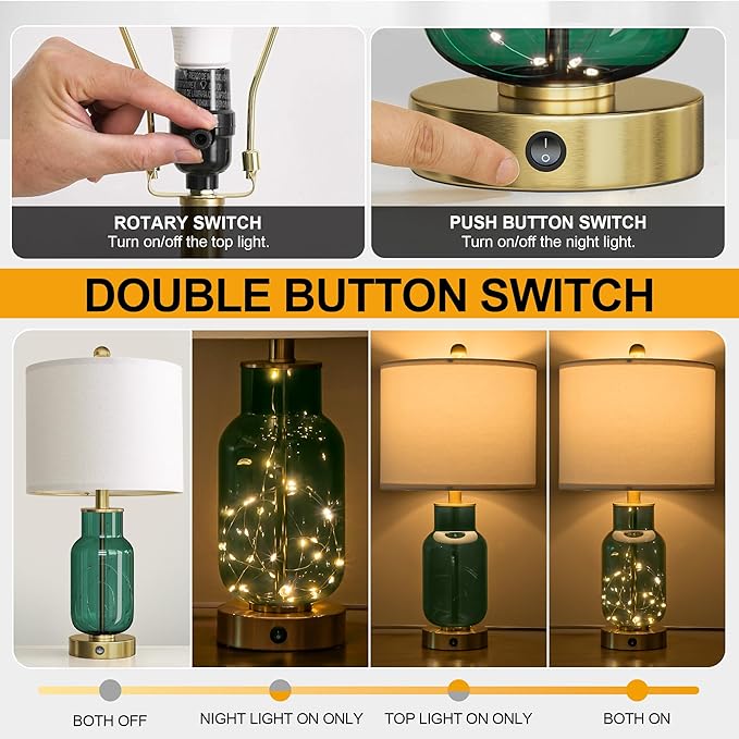 Oneach 22" Glass Table Lamps Set of 2, Green Modern Bedside Lamp with LED Night Light for Living Room, Nightstand Lamp with USB Ports for Bedrooms, Study Room, End Table(2 Bulbs Included) - Bloomnest