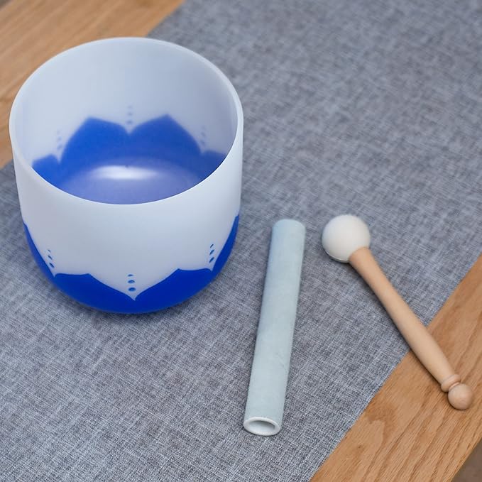 Leize Quartz Crystal Singing Bowl 432hz A Note Third Eye Chakra Indigo Lotus Design 7" Wide with Suede Striker - Bloomnest