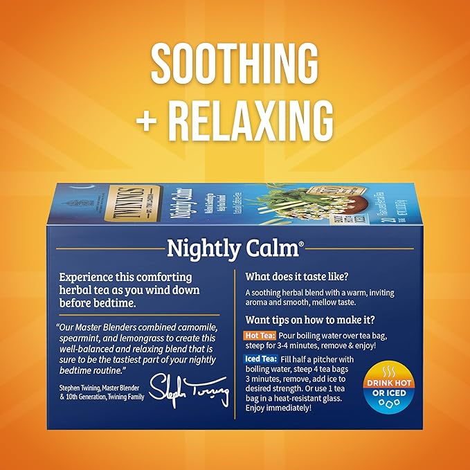 Twinings Nightly Calm Herbal Tea Individually Wrapped Bags, 20 Count (Pack of 1), Spearmint & Lemongrass, Naturally Caffeine-Free, Enjoy Hot or Iced, 20 Teabags - Bloomnest