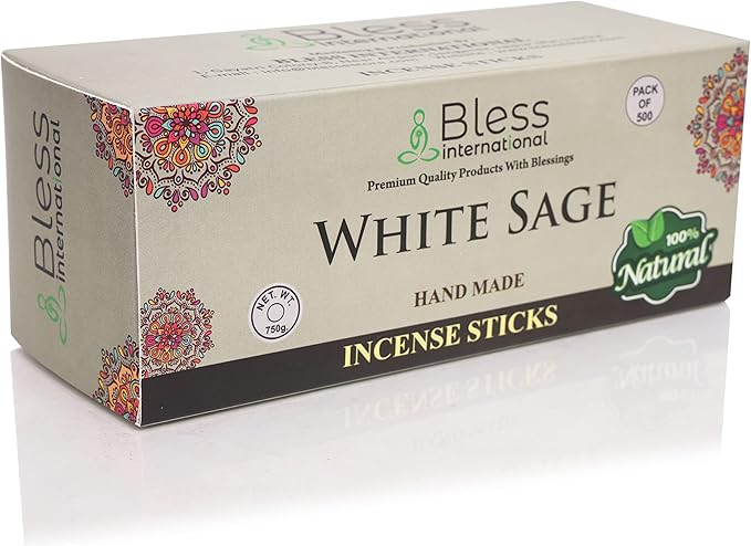 Bless-White-Sage 100%-Natural-Handmade-Hand-Dipped-Incense-Sticks Organic-Chemicals-Charcoal-Free Purification-Relaxation-Positivity-Yoga-Meditation Best-Woods-Scent (500 Sticks (26 OZ)) BlessInternational