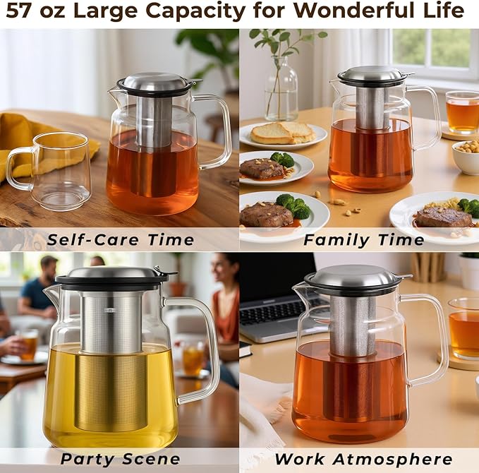 Aquach Glass Teapot with Removable Infuser - 57oz Borosilicate Tea Pot for Stovetop & Cold Brew, Stainless Steel Filter for Loose Leaf/Iced Tea - Bloomnest