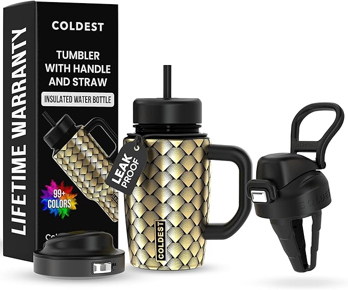 Coldest Tumbler with Handle & Coffee Lid - 100% Spill Proof Tumbler (3 Lids) - Stainless Steel Insulated Leakproof Tumblers for Women & Men - Cup Holder Friendly - 15 oz (Gold Dragon) - Bloomnest