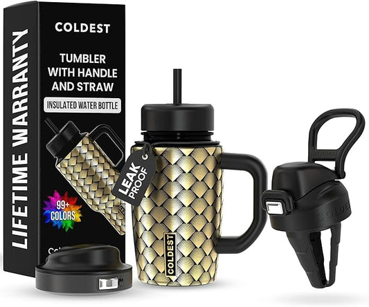Coldest Tumbler with Handle & Coffee Lid - 100% Spill Proof Tumbler (3 Lids) - Stainless Steel Insulated Leakproof Tumblers for Women & Men - Cup Holder Friendly - 15 oz (Gold Dragon) - Bloomnest