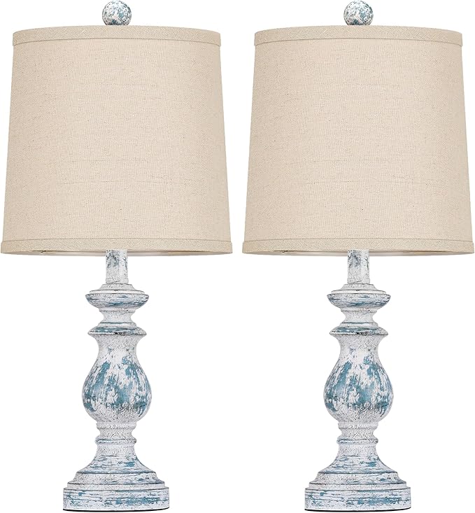 PARTPHONER Traditional Table Lamp Set of 2, Rustic Farmhouse Table Lamps for Living Room Bedroom, 22" Bedside Desk Lamps Vintage Nightstand Lamps with Linen Shades, Washed Blue - Bloomnest