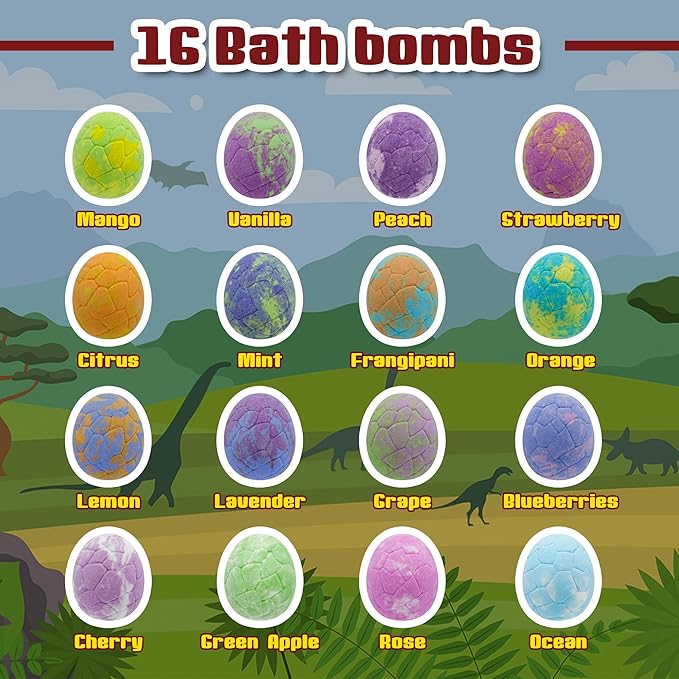 Bath Bombs for Kids with Surprise Inside, 16 Pack Kids Bath Bombs Gift Set for Easter Basket Stuffers, Dino Egg Bath Bomb Kit with 5pcs Dinosaur Bath Toy for Boys Girls Birthday,Christmas - Bloomnest