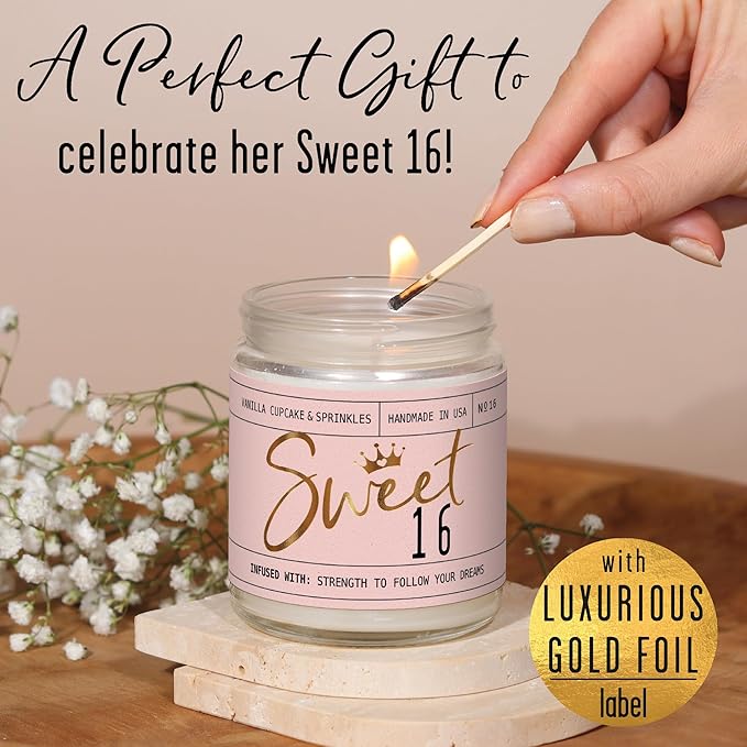 Sweet 16 Gifts for Girls - 'Sweet 16' Soy Candle, w/Vanilla Cupcake & Sprinkles I 16th Birthday Gifts for Girls I Sweet Sixteen Gifts for Girls I 9oz Reusable Jar, 50Hr Burn, Made in USA - Bloomnest