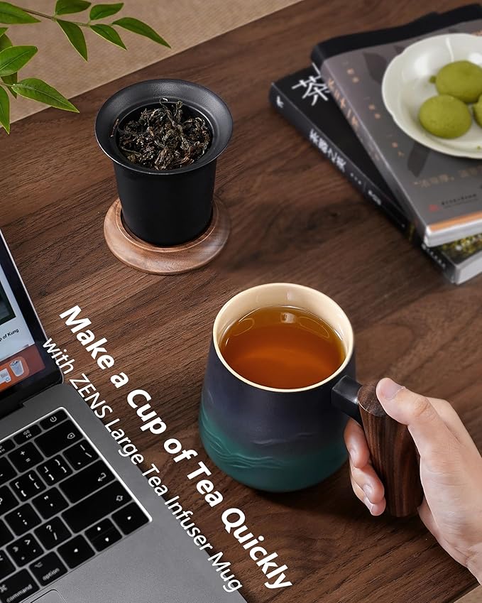 ZENS Embossed Ceramic Tea Mug with Infuser and Lid, 14.5 oz Wooden Handle, Loose Leaf Tea Steeper Mugs & Strainer for Tea Lovers Gifts