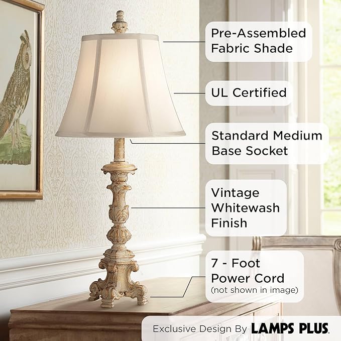 Regency Hill Elize Traditional French Country Style Vintage White Washed Candlestick Table Lamps 26.5" High Set of 2 Bell Shade for Living Room Bedroom House Bedside Nightstand Home Office - Bloomnest