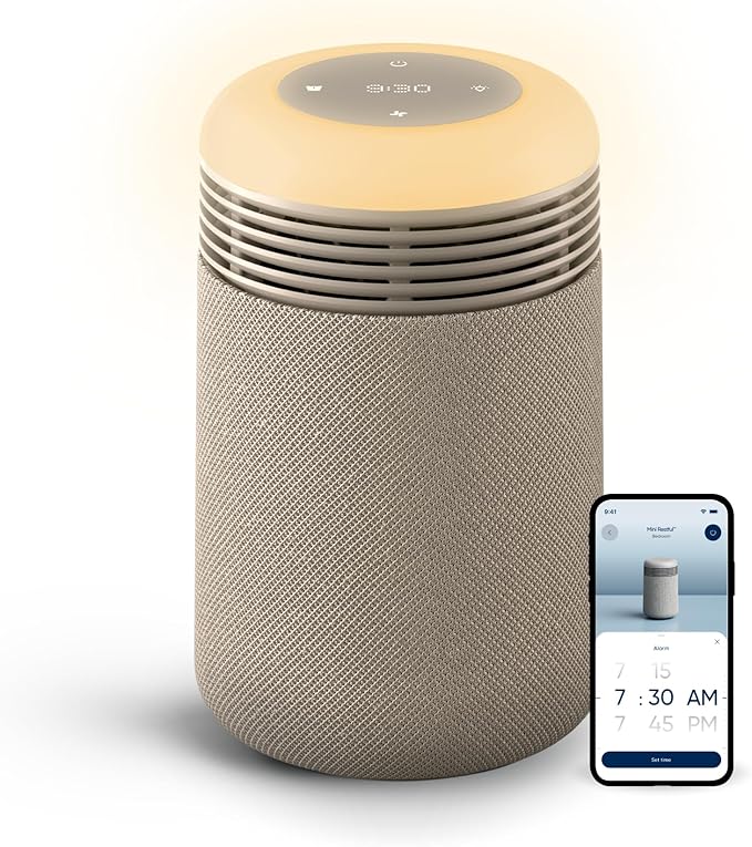 BLUEAIR Purifier for Bedroom - Mini Restful - Sunrise Clock with HEPASilent Filtration and Wake Up Light - Cleans Air and Supports Circadian Rhythm - USB-C and App Connectivity - Bloomnest