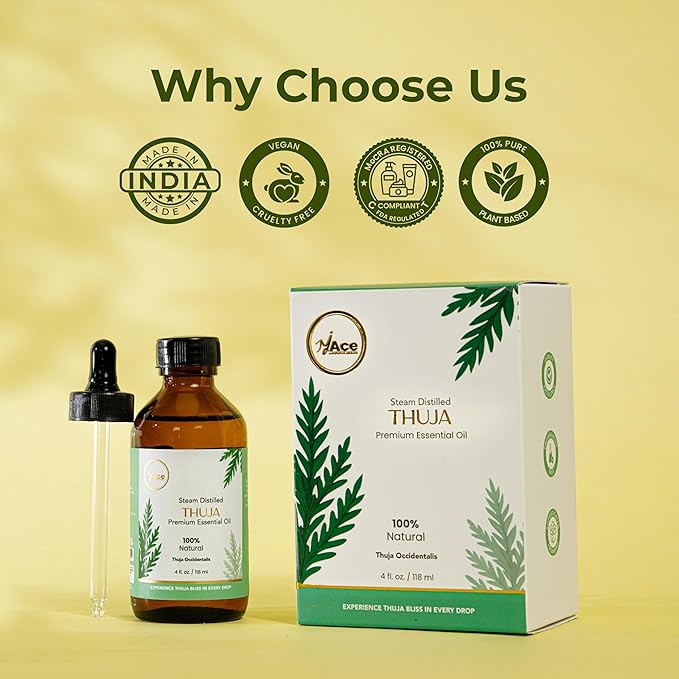 My Ace Pure & Natural Thuja Essential Oil – Steam-Distilled Thuja Orientalis | 100% Natural Oil for Diffuser, Aromatherapy, Skin & Hair Care, Massage, Soap & Candle Making – 4 fl oz with Dropper MyAce