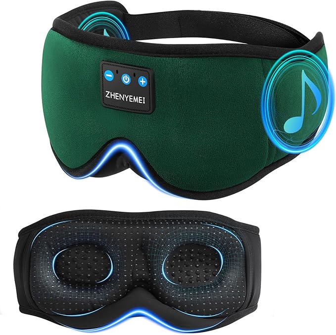 3D Sleep Mask with Bluetooth Headphones, Sleeping Headphones for Side Sleepers, Wireless Music Eye Mask with Ultra-Thin Stereo Speakers for Men, Women, Tech Gifts, Deep Green - Bloomnest