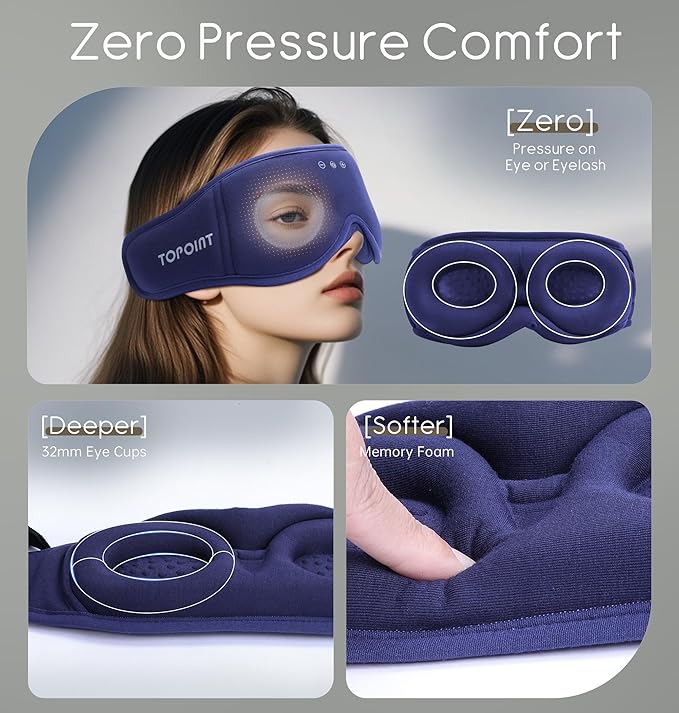 Sleep Mask with Headphones Bluetooth 5.4, TOPOINT 3D Eye Mask Blackout with Soft Bamboo Cotton for Side Sleepers Women Men, Sleep Headphones Earphones HD Speaker Microphone for Travel Meditation Gift - Bloomnest