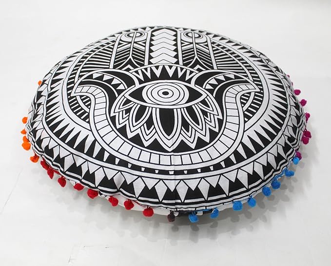 CRAFT KALA 32" Large Round Bohemian Floor Pillow Pouf Cover Mandala Meditation Room Pillow Cover for Adults Boho Seating Poufs Cushion Cover for Kids Playroom Black Hamsa Hand - Bloomnest