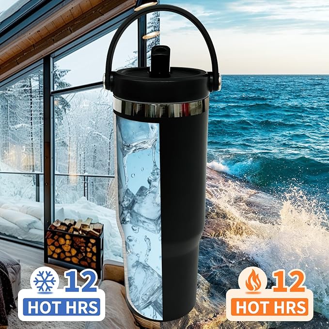 30 oz Tumbler with Handle, Double Wall Vacuum Insulated Tumblers with Flip Straw, Coffee Mug 30oz Powder Coated Cup for Hot and Cold Drinks(Black Plated, Black,8 pack)