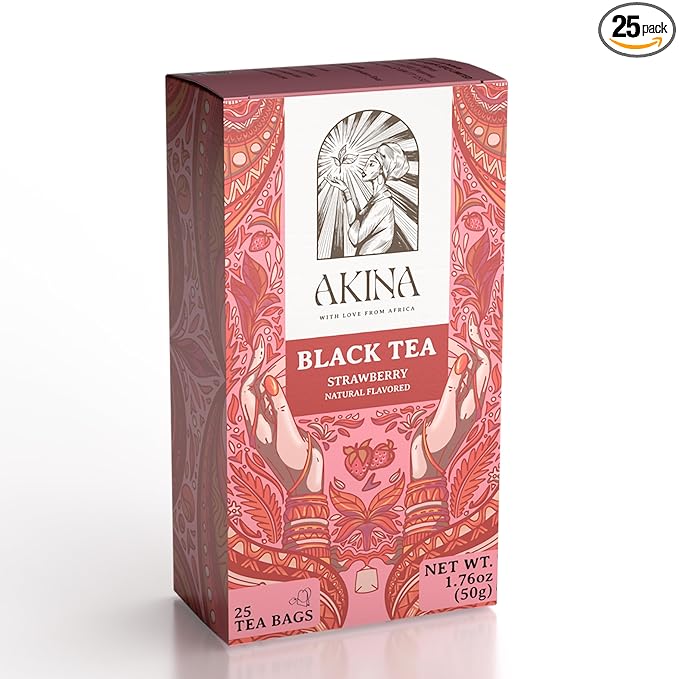 Akina Single-Origin Strawberry Black Tea Bags | 100% Naturally Flavored Fruit Tea, Kenyan Origin, Gourmet, (25 String & Tag Bags, 40g) - Bloomnest