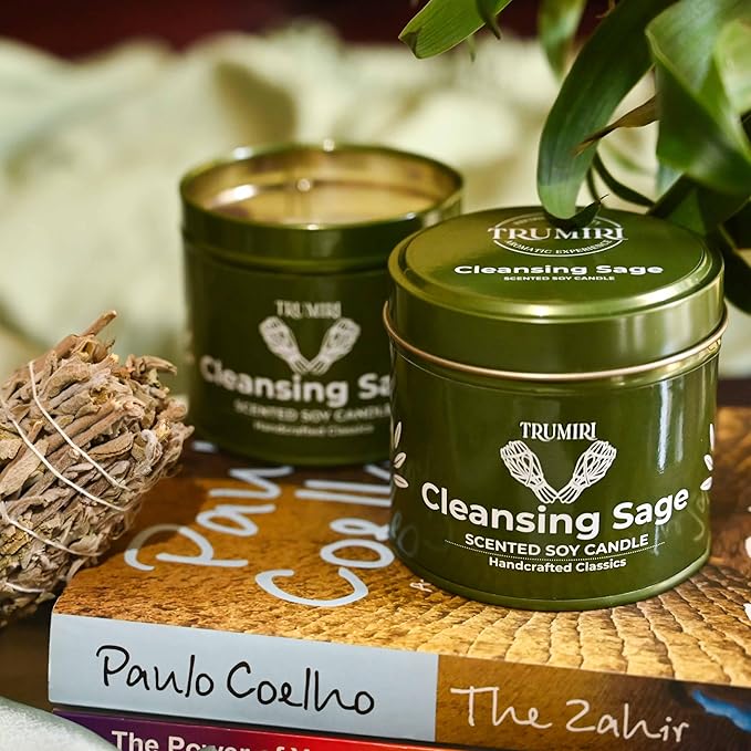 Sage Candle for Cleansing House Negative Energy Smudge Kit - 5oz Soy Wax Natural Clean Organic Non Toxic - Aromatherapy Spiritual Meditation Gifts - Long Lasting Highly Scented Candel with Crystals TRUMIRI