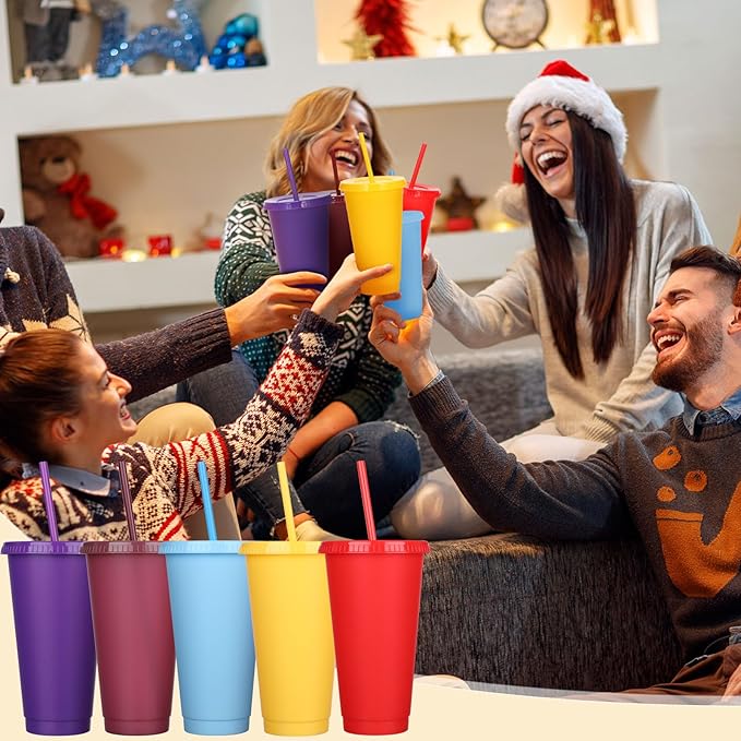 Honeydak 100 Pack Tumbler with Straw and Lid Bulk Water Bottle Iced Coffee Travel Mug Cup Reusable Plastic Cups for Party Birthdays 24-27 oz (Classic Color) - Bloomnest