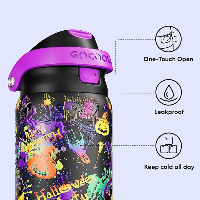 Encool SwiftSip Insulated Stainless Steel Water Bottle with Straw - Leak Proof Sports Water Bottle for School, Travel, Keeps Cold All Day, One-Touch Flip Lid, BPA-Free, 32 oz, Ghost Party ENCOOL