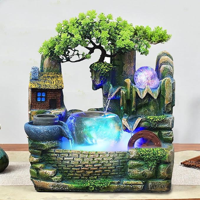 Tabletop Waterfall Fountain Humidifier with LED Light and Atomizer, Water Fountains Indoor Home Decor or est Festival Birthday Surprise for Boys, 14 Inch Desktop Small Mini Bonsai - Bloomnest