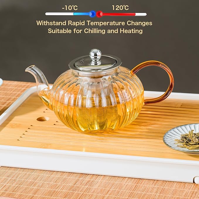 Glass Teapot 33.8oz/1000ml, Glass Tea Kettle with Removable Infuser, Pumpkin Shape Hand Blown Teapot for Blooming Flower Tea and Loose Leaf, Tea Lover's Choice - Bloomnest