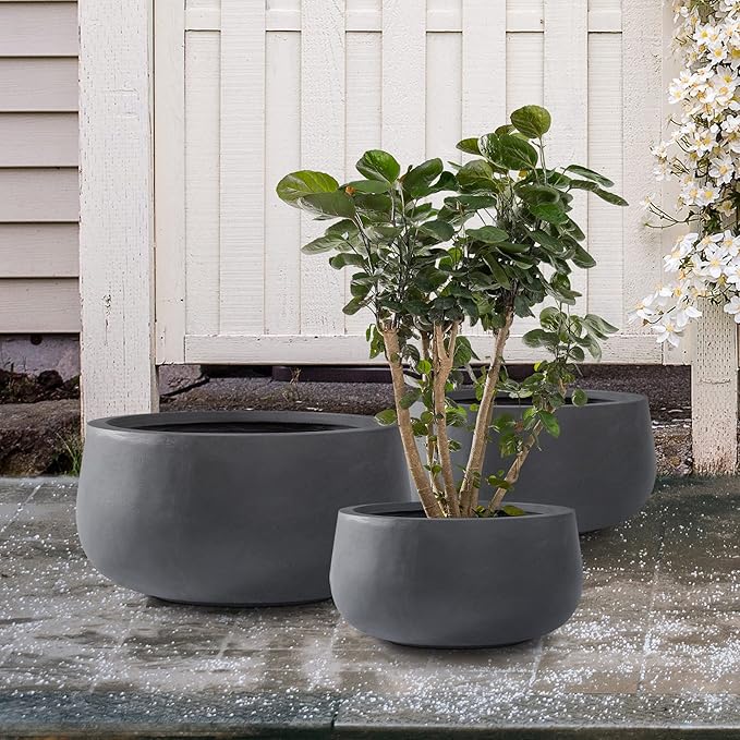 Kante 19.6",15.7",11.8" Dia Round Concrete Planters Set of 3, Outdoor Indoor Garden Plant Pots with Drainage Hole and Rubber Plug, Modern Curvaceous Design, Charcoal - Bloomnest