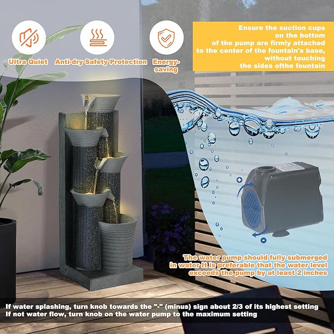 MAGIC UNION Outdoor Water Fountain, 5 Tiers Cascading Waterfall Indoor Water Feature Garden Decor with LED Lights, Patio Resin Fountains for Yard, Deck, Porch and Home, Bamboo Element (Gray) - Bloomnest