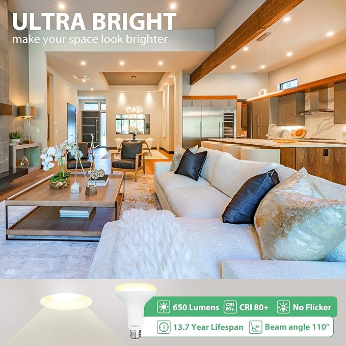 BR30 LED Bulb, Dimmable Flood Lights Indoor CRI80 7W Equivalent 65W 2700K Soft White 650 Lumens, 15000 Lifetime Hours Recessed Light Bulbs, Interior E26 Base LED Can Light Bulbs, 12 Pack - Bloomnest