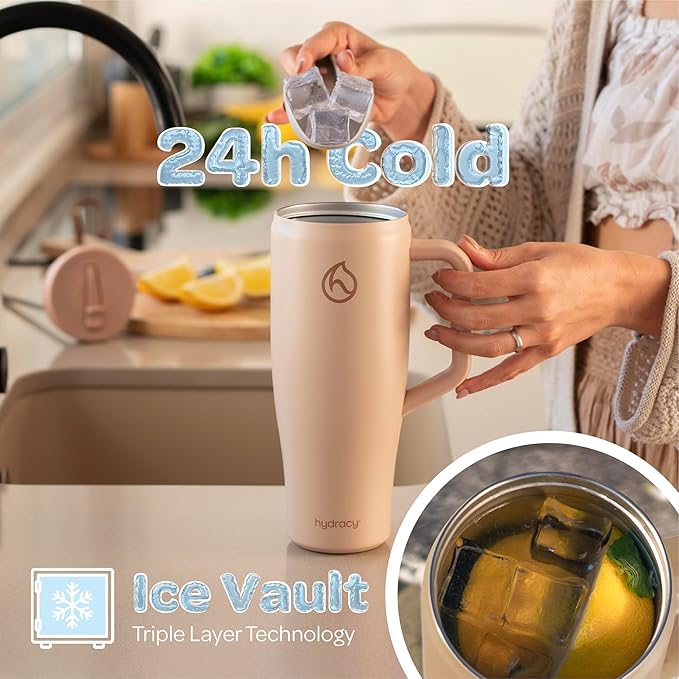 Hydracy Soulmate 40 oz Tumbler with Handle and Flip Straw - 100% Leakproof Reusable Insulated Cup with Stainless Steel Straw - Cupholder Friendly Rubber Base Travel Mug - Cafe Creme - Bloomnest