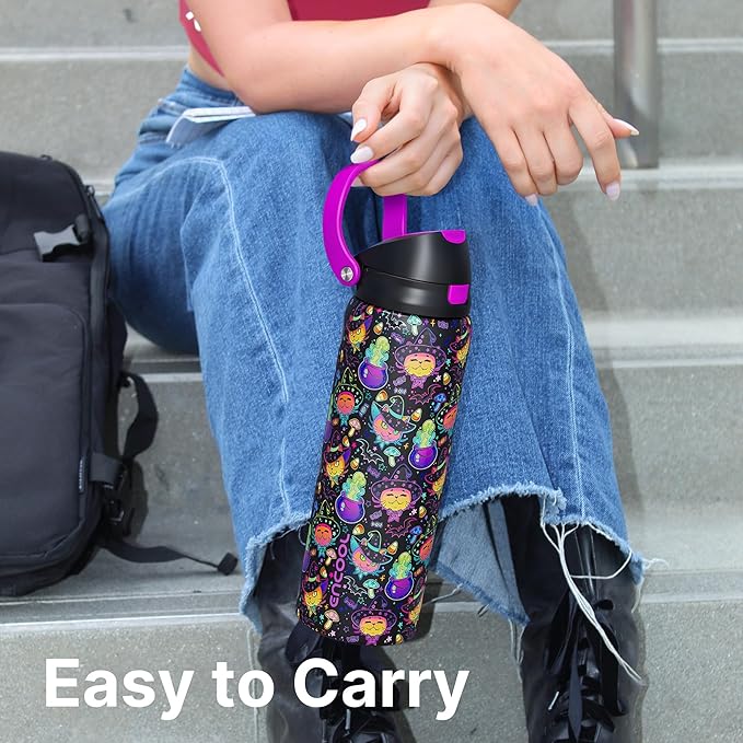 Encool SwiftSip Insulated Stainless Steel Water Bottle with Straw - Leak Proof Sports Water Bottle for School, Travel, Keeps Cold All Day, One-Touch Flip Lid, BPA-Free, 32 oz, Meowgic Night ENCOOL