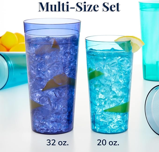 US Acrylic Cafe Plastic Reusable Tumblers (Set of 16) 20oz Water & 32oz Iced-Tea Cups Coastal Colors, Restaurant Style Drinking Glasses, Stackable, BPA-free, Made in the USA, Top-rack Dishwasher Safe - Bloomnest
