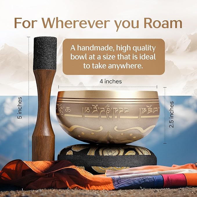 Handmade Tibetan Etched Singing Bowl Set – Sound Bowl & Meditation Bowl with Cushion, Mallet & Guide – Mindfulness Gift Ideas – Relaxation Instruments – Portable Meditation Kit