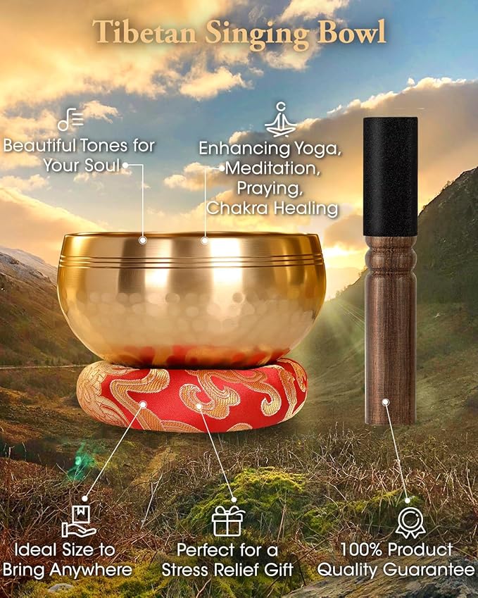 Tibetan Singing Bowls Set Authentic - Handmade in Nepal Sound Bowl for Yoga, Chakra, Meditation, Stress Relief Tool, Meditation Accessories and Unique Gifts for Women, Men RelaehihforEveryone