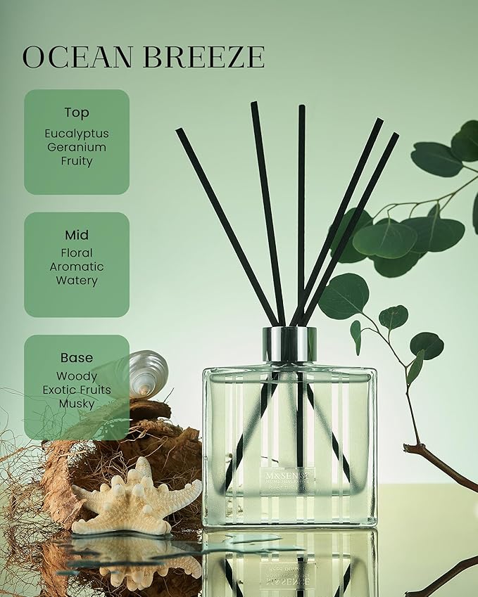M&SENSE Reed Diffuser Set - 7.04oz Ocean Breeze Scent Diffusers with Sticks for Home, Oil Fragrance with Sticks, Shelf Decor for Bedroom Bathroom Office MSENSE