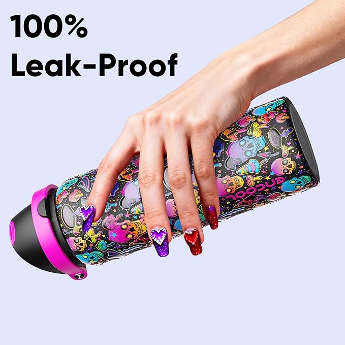 Insulated Water Bottle with Straw - Encool Stainless Steel Water Bottle with Push Button Lid, Leak-Proof & BPA-Free, Keeps Cold for 24 Hours for Sports, Travel, Gym (32 oz, Trippy Skulls) ENCOOL
