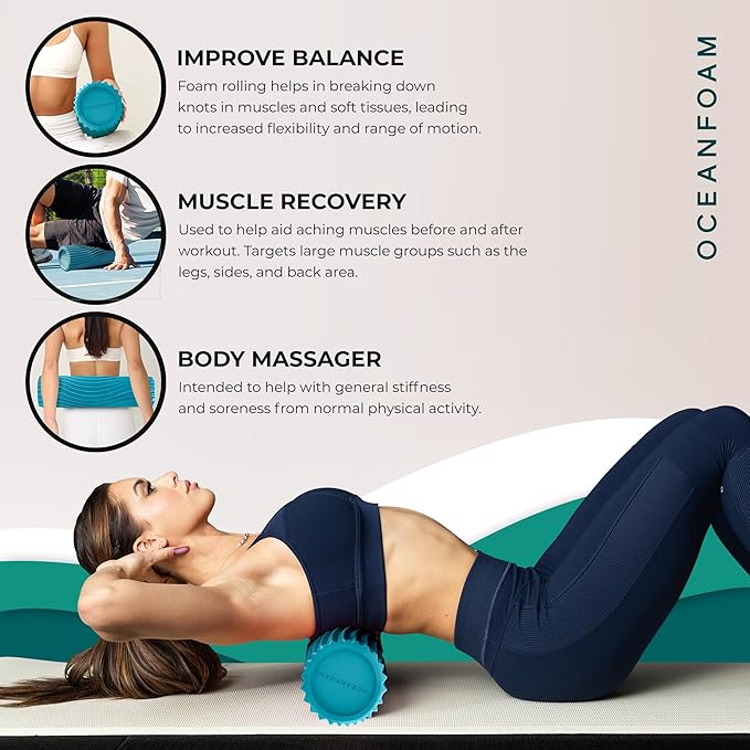 Oceanfoam Soft Tidal Roller (Miami Blue) - Low Density Foam Roller for Physical Therapy, Back Pain, Exercise & Stretching - Wave Textured - Yoga, Athletics, & Wellness - Full Size, 20" x 5" - Bloomnest