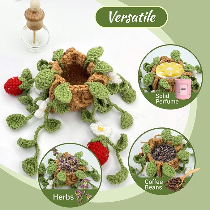 Crochet Car Air Freshener, 15ml Empty Refillable Oil Diffuser Bottle with Hanging Crochet Cute Plant for Car Rearview Mirror Decor Air Freshener Diffuser for Home and Office Decor(Two Strawberry) - Bloomnest