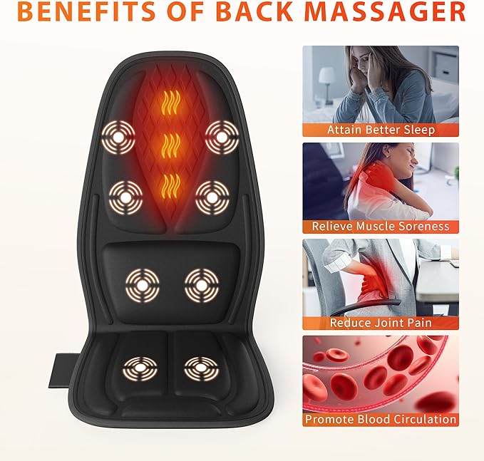 Back Massager with Heat, Seat Massager with 8 Powerful Vibration Motors, Portable Massage Chair Pad for Office Home Use, Gift for Men/Women/Family/Friends - Bloomnest