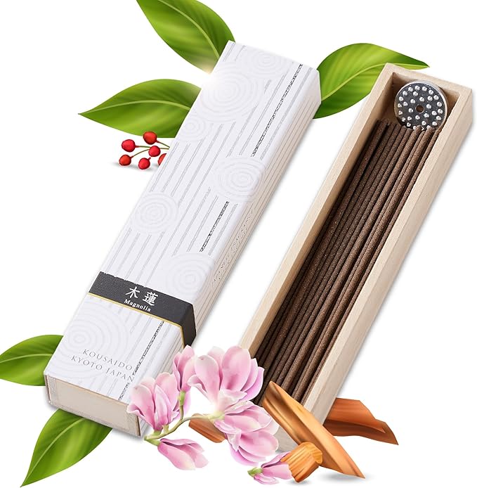 Hasegawa Hyakurakuko Premium Japanese Sandalwood Incense - Long Type, 40 Sticks with Aluminum Holder, 20-30 Min Burn Time, Made in Japan 線香 百楽香 (Magnolia) %E3%81%AF%E3%81%9B%E3%81%8C%E3%82%8F%EF%BC%88Hasegawa%EF%BC%89