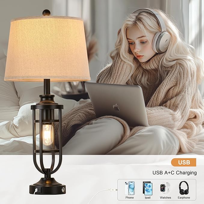 28" Table Lamps for Living Room Set of 2, Farmhouse Lamps for Night Stands with USB A+C, Bedside Lamps for Bedroom End Tables, Bulbs Included, Black - Bloomnest
