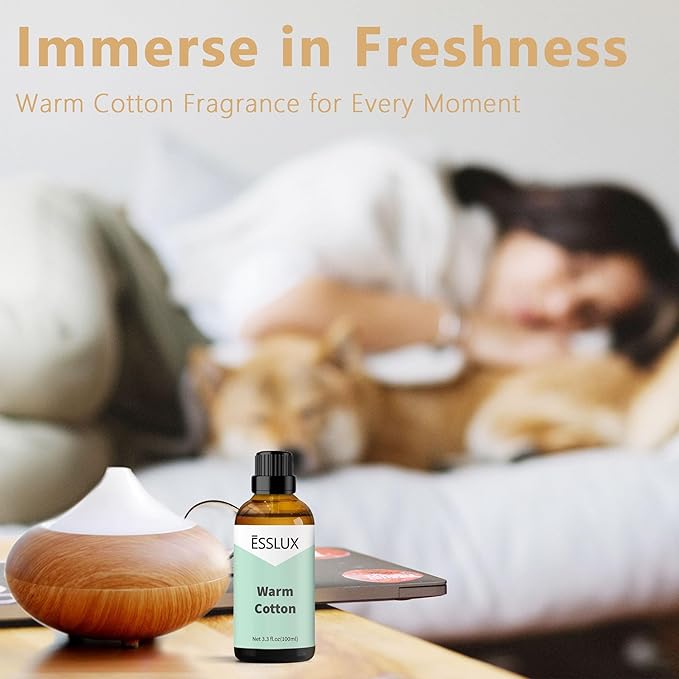 Warm Cotton Fragrance Oil, ESSLUX Large Single Scented Oils 100 ml (3.3 oz), Fresh Clean Aromatherapy Essential Oils for Home for Diffuser, Massage, Soap, Candle Making Scents - Bloomnest