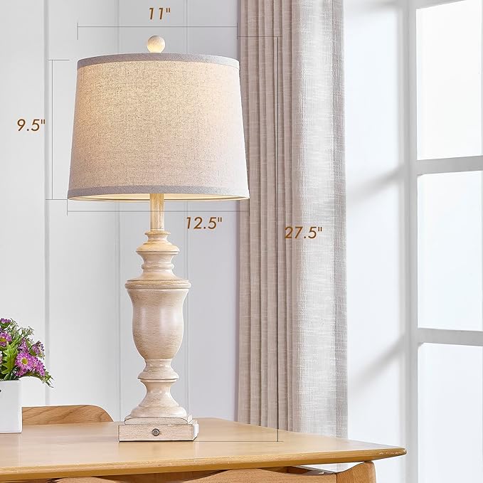 27.5" Set of 2 Farmhouse Table Lamps for Bedroom, 3 Way Dimmable Bedside Lamp with 2 USB +AC Outlet Nightstand Lamps for Living Room Resin Rustic Touch Lamps (Antique Beige) - Bloomnest