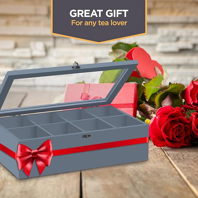 Tea Bag Organizer - Grey Bamboo Tea Box Organizer Storage Box, Tea Bag Holder with Acrylic Window, Magnetic Lid Keeps Tea Bags Fresh - Tea Organizer Caddy (Tea Not Included) Christmas Gift - Gray - Bloomnest