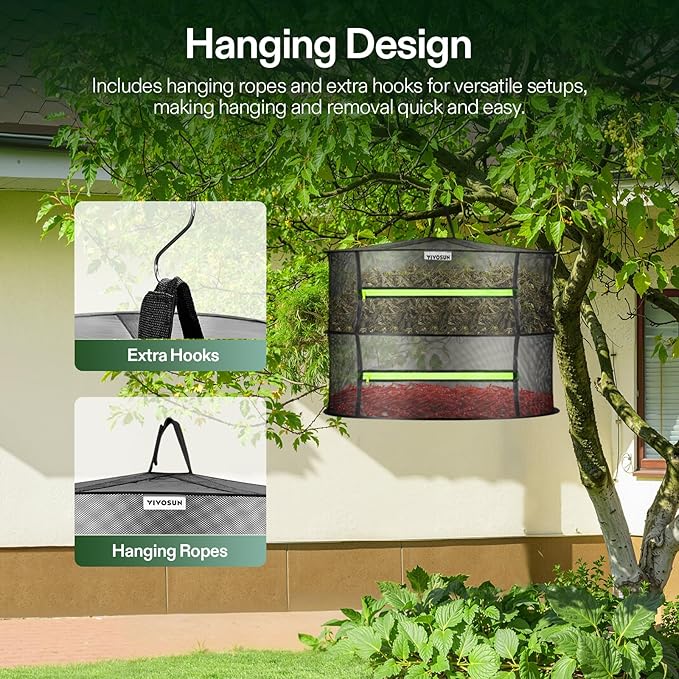 VIVOSUN 2-Layer Mesh Drying Rack Hanging Design with Green Zippers for Dehydrating, Indoor and Outdoor Pruning Shears Included - Bloomnest