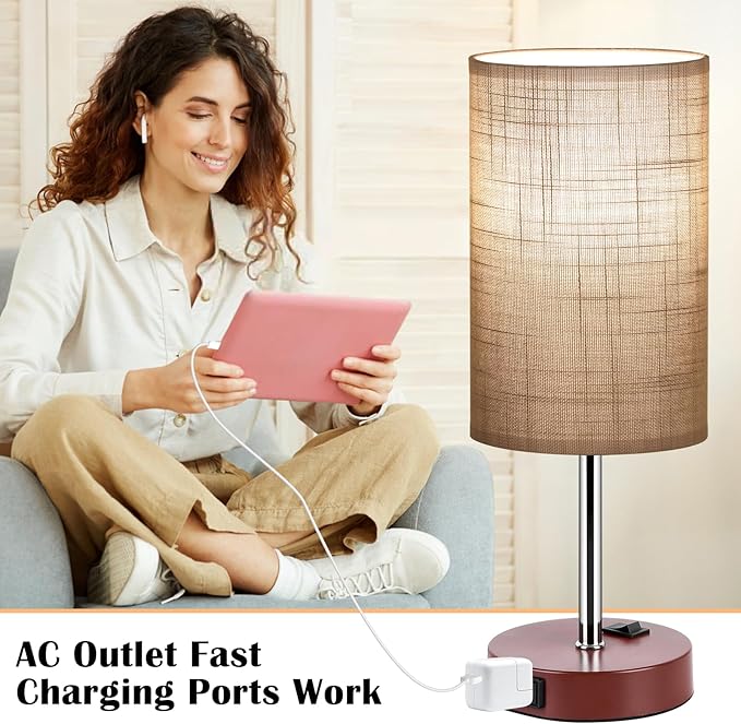 ZJOJO Table Lamp for Bedroom Set of 2, Bedside Small Lamps with 3 Way Dimmable Rocker Switch and AC Outlet, Nightstand Desk Lamp with Gray Fabric Shade Brown Base for Living Room Home Decor Lights - Bloomnest