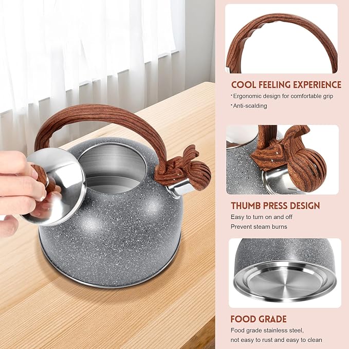 GGC 2.7QT/3L Whistling Tea Kettles for Stove Top, Stainless Steel Tea Kettle with for Boiling Water Milik or Coffee, Starry Gray Tea Pots with Wooden Anti Heat Handle - Bloomnest
