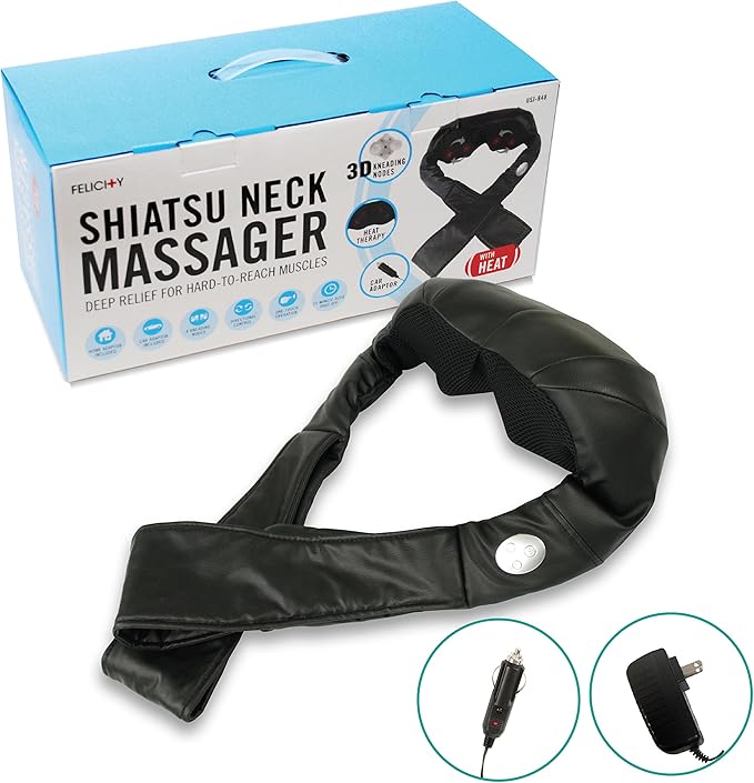 Daiwa Felicity Shiatsu Neck & Back Massager with Heat - Deep Tissue Pain Relief for Shoulder with 8 3D Kneading Nodes - Electric Full Body Massage, Ergonomic, Portable, Includes Power/Car Adapter