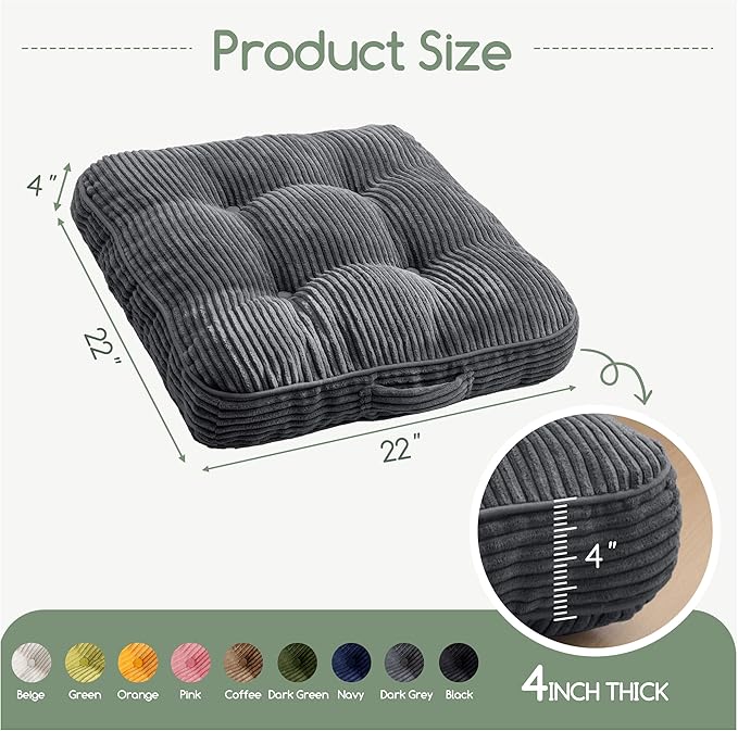 Washable Floor Pillow Cushion for Adults, Meditation Cushion Pillow, Large Square Floor Sitting, Removable Tufted Corduroy Cover, for Tatami Living Room or Yoga, 22x22 Inch, 2Pack, Machine Washable - Bloomnest