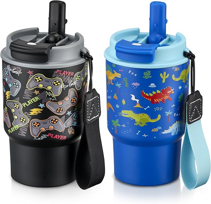13.5oz Kids Insulated Tumbler with Lid and Straw, BPA-Free Stainless Steel Kids Water Bottle, Leak-Proof& Cupholder Friendly Tumbler for Boys & Girls -2 Pack(Dinasour+Game) - Bloomnest
