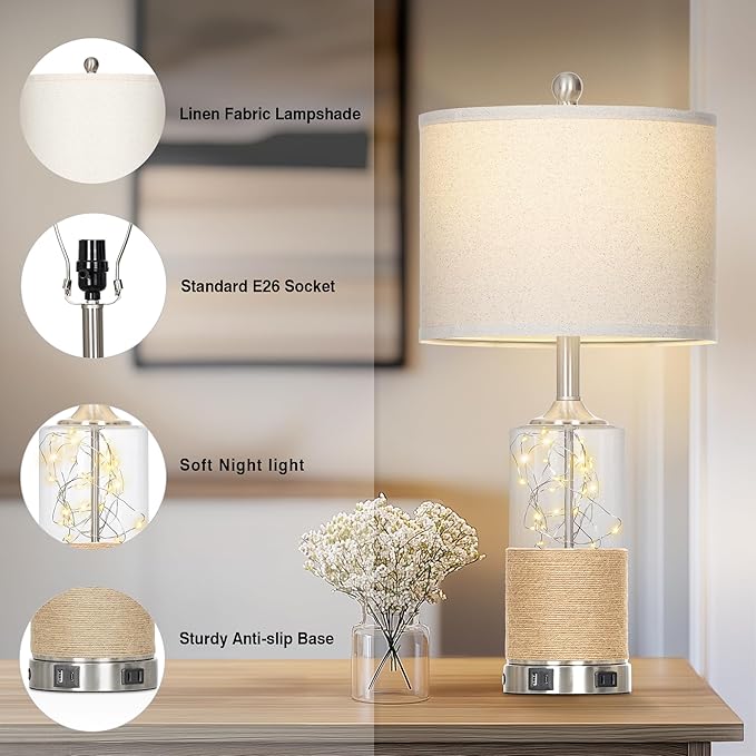 25" Coastal Glass Lamps Set of 2, Touch Control 3-Way Dimmable Night Light Modern Table Lamp with USB A+C Ports & AC Outlets Linen Fabric Shade for Living Room Bedroom Silver Ocean(LED Bulbs Included) - Bloomnest