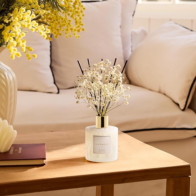 COCORRÍNA Reed Diffuser - Gardenia 6.7 Fl.oz Reed Diffuser Set with Sticks & Preserved Baby's Breath, Reed Diffuser for Home Bathroom Shelf Decor - Bloomnest